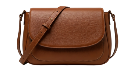 Stylish minimalist brown leather purse with strap isolated on white.