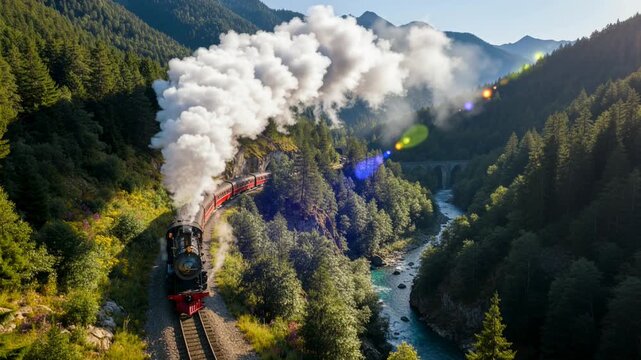 A steam train chugs along picturesque tracks surrounded by dense forests and flowing rivers. The golden hour light casts a stunning glow over the landscape, creating a peaceful atmosphere