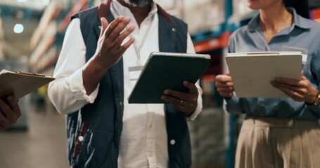 Hands, clipboard and team with tablet in warehouse for logistics update, checklist or delegation. Tech, distribution meeting and discussion with people, inventory management or supply chain planning - Powered by Adobe