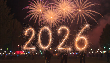 Vibrant fireworks display spelling out 2026 in glowing numbers at night