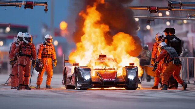 Racing Car Inferno: In the intense heat of the moment, a racing car is engulfed in flames, surrounded by a team of fire safety professionals battling the blaze.