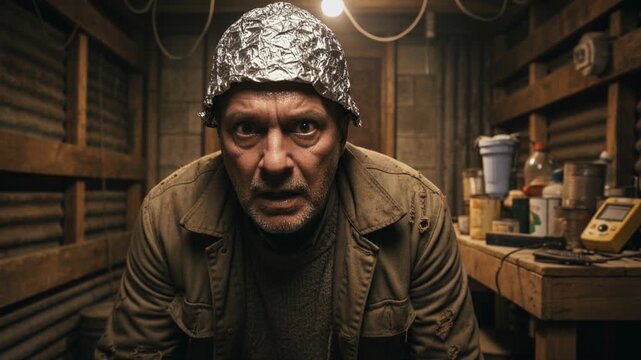 A man sits in a small, dark room making a tin foil hat. He looks focused and anxious as he glances around, concerned about unseen threats in his surroundings