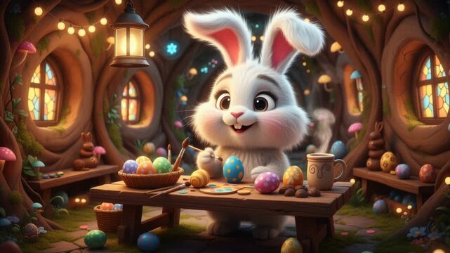 A cheerful bunny decorates Easter eggs in a magical forest hut. Surrounded by colorful decorations and warm light, it spreads happiness and excitement during the spring celebration