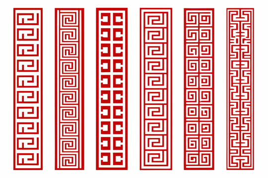 Collection of six red vertical border patterns featuring traditional Chinese key and fret designs