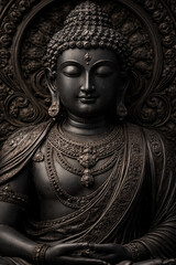 A beautifully detailed black stone sculpture of Lord Buddha in a peaceful meditation pose, symbolizing inner peace, mindfulness, enlightenment, and spiritual harmony.