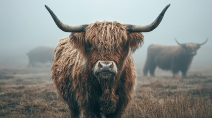 A close-up shot of a shaggy-haired bovine with long horns, and two other cattle in the misty background