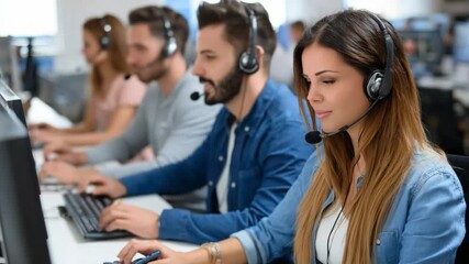 Customer Service Excellence: Agents immersed in their work, focused on communication. Representing business support and guidance.