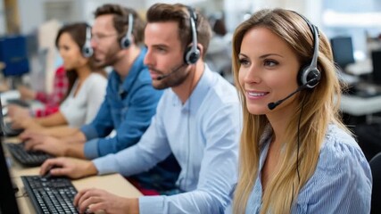 Customer Service Harmony: A group of friendly professionals, adorned with headsets, engage in focused customer service.