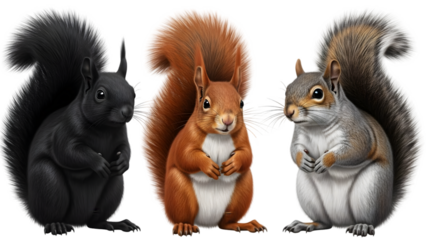 Four squirrels isolated on transparent background in different shades