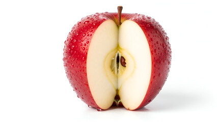 Red Apple Cut in Half with Seeds Exposed on White Background