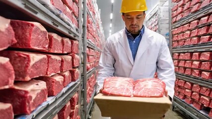 Butcher's meticulous handling of quality meat: A dedicated butcher, clad in a professional uniform, meticulously examines premium cuts of raw meat in a refrigerated storage facility.