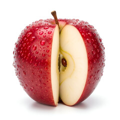 Red Apple Cut in Half with Water Droplets on White Background