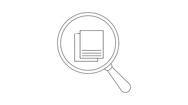 A magnifying glass focuses on stacked papers a search or review concept in monochrome line art