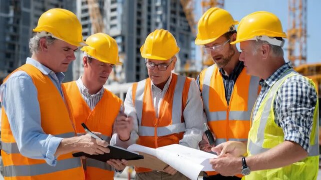Construction Site Collaboration: A group of construction workers, wearing safety gear, huddled together, reviewing blueprints amidst a bustling construction site.