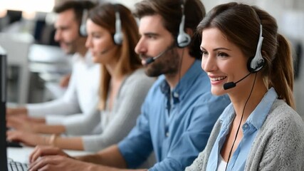 Dedicated Professionals in Communication: A focused team of service representatives engaged in providing customer support, each individual equipped with headsets. - Powered by Adobe