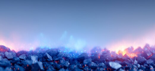 Glowing blue and orange crystals radiating light on a dark, reflective background with copy space. Glowing blue crystals on dark reflective surface