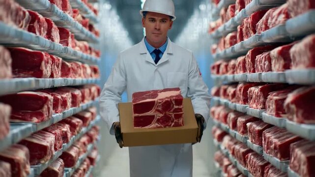 Expert Butcher in a Meat Production: A skilled butcher, clad in pristine white uniform and protective headgear.