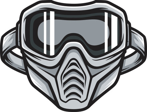 Tactical gray paintball mask vector illustration featuring protective goggles and a full-face shield. Perfect for extreme sports branding, team logos, and gaming gear graphics.