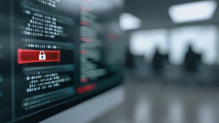 A digitally rendered computer screen displays a serious warning alert on its screen in the shadows of an office, with an emphasis on cybersecurity and information technology.