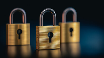 Fototapeta premium Three golden padlocks stand in a row, symbolizing security and protection, with a captivating visual metaphor for safety, privacy, and digital security.