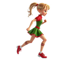 Animated Young Girl Running in Vibrant Green and Red Dress with Joyful Expression and Bright Shoes