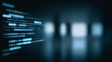A dynamic digital data stream flows across a blurred architectural background, illustrating the speed and complexity of modern technology.