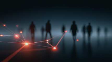 A network of interconnected dots glows brightly, symbolizing global communication and connectivity, with blurred figures in the background, hinting at the vastness of the network's reach.