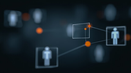 Fototapeta premium A digital rendering visualizes an interconnected network of individuals, symbolized by illuminated figures and connecting nodes. The abstract composition conveys themes of connection, data flow.