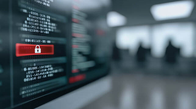 A digitally rendered computer screen displays a serious warning alert on its screen in the shadows of an office, with an emphasis on cybersecurity and information technology. - Powered by Adobe