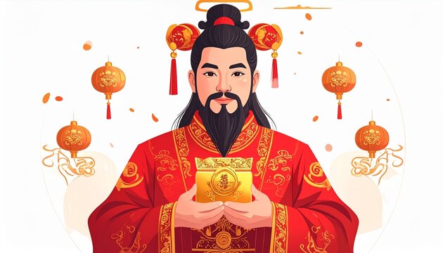 Illustration of Chinese God of Wealth (Cai Shen), traditional red and gold costume, holding gold ingot yuanbao, dignified expression, simple clean illustration style, subtle shadows, isolated on white