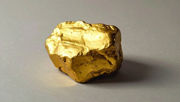 Irregular gold nugget with metallic luster and rough texture on neutral background, natural and valuable.