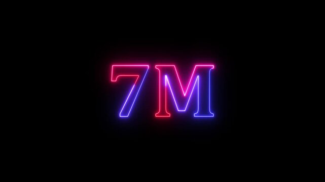 neon glowing red 7m one million text number animation, social media views counter -7m views 7M views text animation, 7m number 4k video animation 7M text animation on black background.