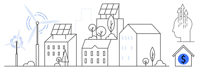 Fototapeta premium Renewable energy concept. Renewable energy powering sustainable buildings with solar panels, wind turbines, and eco-smart urban planning. Renewable energy for green technologies, city planning