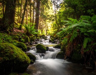 Obraz premium Lush forest scene featuring a flowing stream and verdant foliage