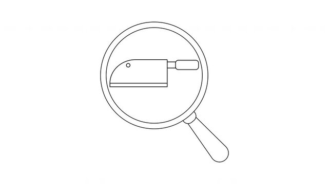 A magnifying glass focuses on a cleaver depicted with simple black outlines against a white background