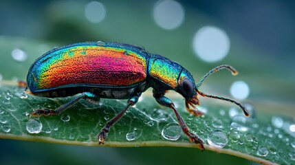 Naklejka premium A close-up view of a vibrant beetle resting on a green leaf covered with water droplets, showing iridescent colors