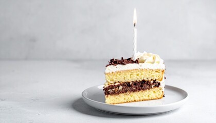 Layered cake slice with frosting, chocolate shavings, lit candle on white plate, beige background.
