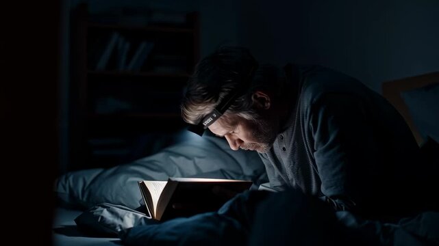 Man reading a book with a headlamp in bed during a blackout, showing calm focus and self reliance at home without electricity late at night