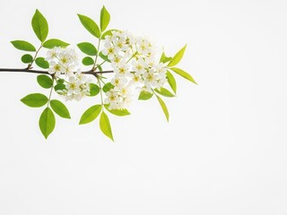 Obraz premium Beautiful white flowers on a branch with green leaves