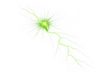 Green lightning bolt, electric energy spark, powerful electric discharge with flash effect on transparent background