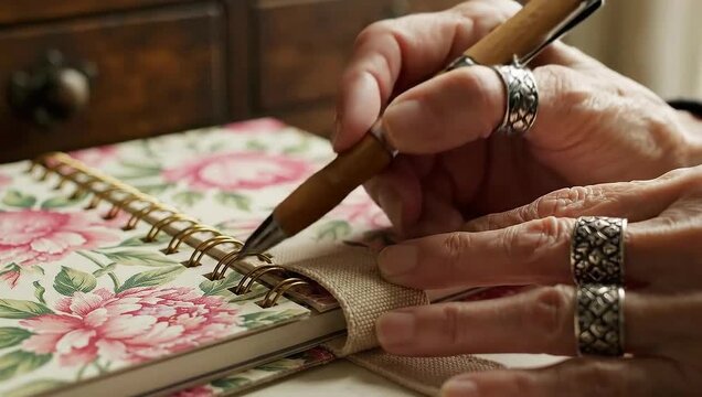 Writing in a Floral Journal - A Close-Up of Hands and Pen.