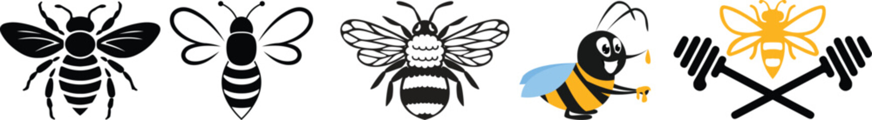 Obraz premium Stylized black silhouette of a bee insect flying winged creature isolated on white isolated on white background.Bee flying icon collection with dotted paths, isolated on white background, vector