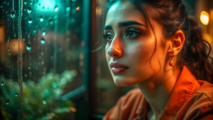 Woman looking out window on rainy night