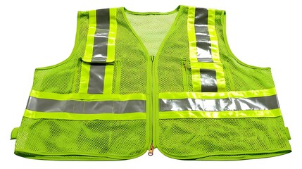 High-visibility safety vest in lime green with reflective stripes. Workwear garment features zipper closure, designed for enhanced visibility, protection in construction, road.