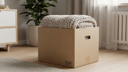 Minimalist storage solution featuring a cardboard box with a cozy knitted blanket on top in a