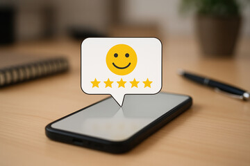 Smartphone on a desk displaying a digital pop-up with a smiling face and five stars, representing positive customer feedback and satisfaction rating
