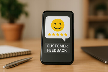 Smartphone on a desk displaying a digital pop-up with a smiling face and five stars, representing positive customer feedback and satisfaction rating