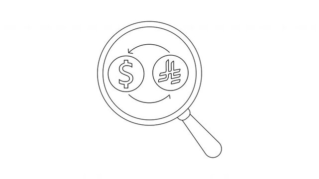 A line drawing of a magnifying glass examining a dollar and shekel symbol with a circular exchange