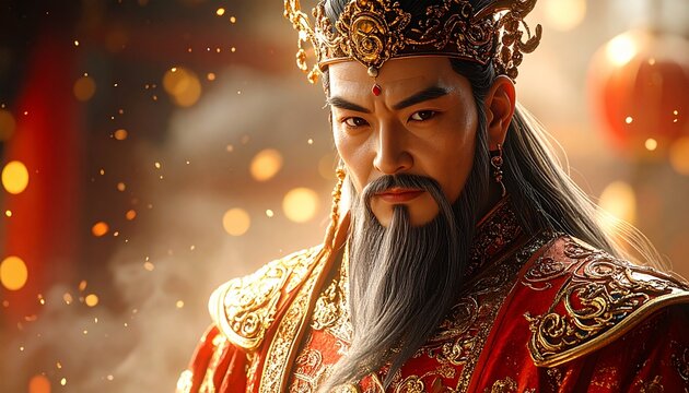 Semi-realistic illustration of the Chinese God of Wealth Cai Shen, detailed traditional attire, gold embroidery, calm and powerful presence, prosperity symbolism, soft dramatic lighting, high detail, 