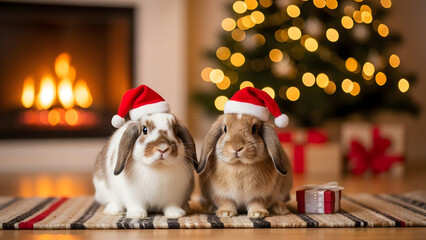 Adorable Bunny Pair in Santa Hats Celebrating Christmas at Home Fireplace with Warm Cozy Atmosphere